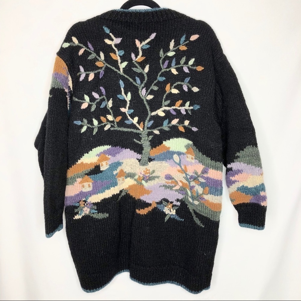 Hand Knit Button Front Cardigan Coat Tree Flowers